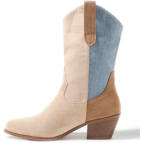 Lipijixi Women Apricot Cowboy Stacked Heel Embroider Wide Calf Cowgirl Boots - Picture 3 of 7